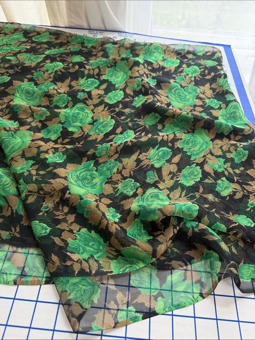 Vintage 70s Sheer Floral Fabric 4 Yards Green Roses Black Gold Flowy 42”